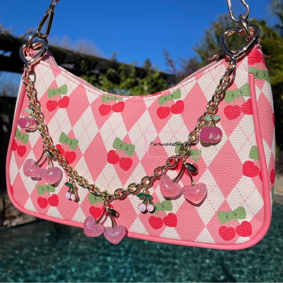 Baby Pink Heart Cherry Bag Charm Chain Purse Charm Chain Strap FortunateBagFinds - Picture 3 of 12